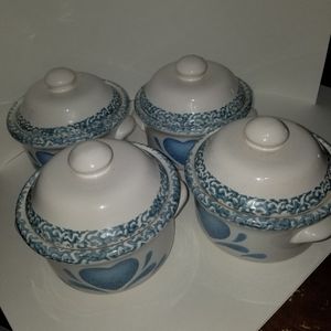 Vintage Spongeware blue Heart Crock with Lid.